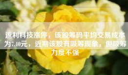 返利科技涨停，该股筹码平均交易成本为7.40元，近期该股有吸筹现象，但吸筹力度不强