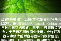 迅睿CMS框架： 迅睿CMS框架由PHP+MySQL架构，采用ThinkPHP、Laravel、Codeigniter三种内核可选模式，基于MIT开源协议发布，免费且不限制商业使用，允许开发者自由修改前后台界面中的版权信息。使用问题、BUG问题统一提问地址：https：／／www.xunruicms.com／post.html