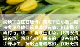 阅读下面这首唐诗，完成下面小题。赠田叟李商隐荷筱衰翁似有情，相逢携手绕村行。烧畬①晓映远山色，伐树暝传深谷声。鸥鸟忘机②翻浃洽，交亲得路③昧平生。抚躬道地诚感激，在野无贤④心自惊。[注]①烧畲：烧荒耕种。将砍伐的荆棘等烧成灰作肥料叫烧畲。②鸥鸟忘机：《列子》记载海上之人有好鸥鸟者，每旦之海上，从鸥鸟游，鸥鸟之至者百数而不止。③得路：指得志开官。④在野无贤;六年，皇帝诏令天下通一艺者诣京应试，在李林