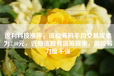 返利科技涨停，该股筹码平均交易成本为7.40元，近期该股有吸筹现象，但吸筹力度不强